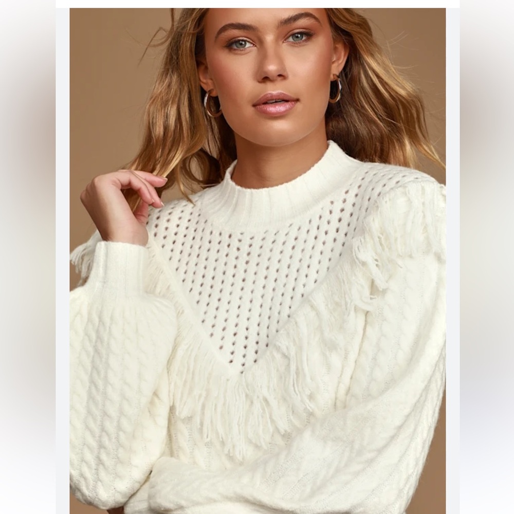 NWT Lulus Small Good Natured Ivory Cable Knit Fringe